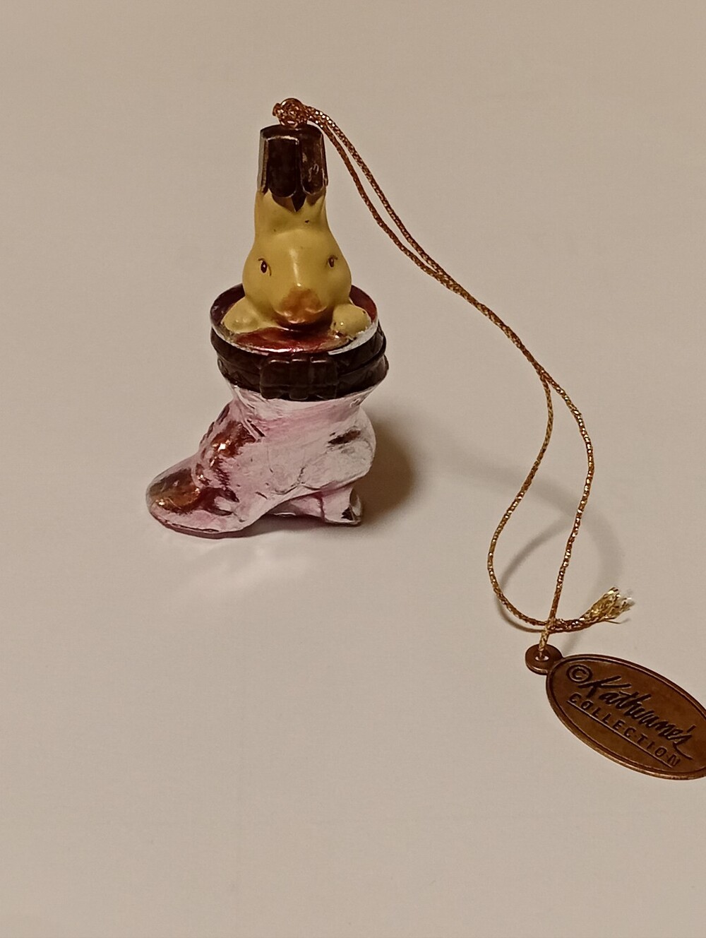 Vintage Katherine's Collection Pink shiny Boot Ornament with Off White Bunny